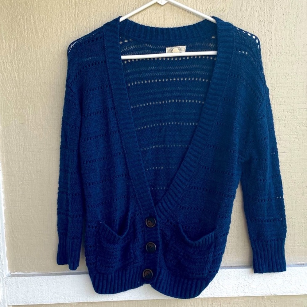 Aerie Blue 3 Buttons Knit 3/4 Sleeve Cardigan
